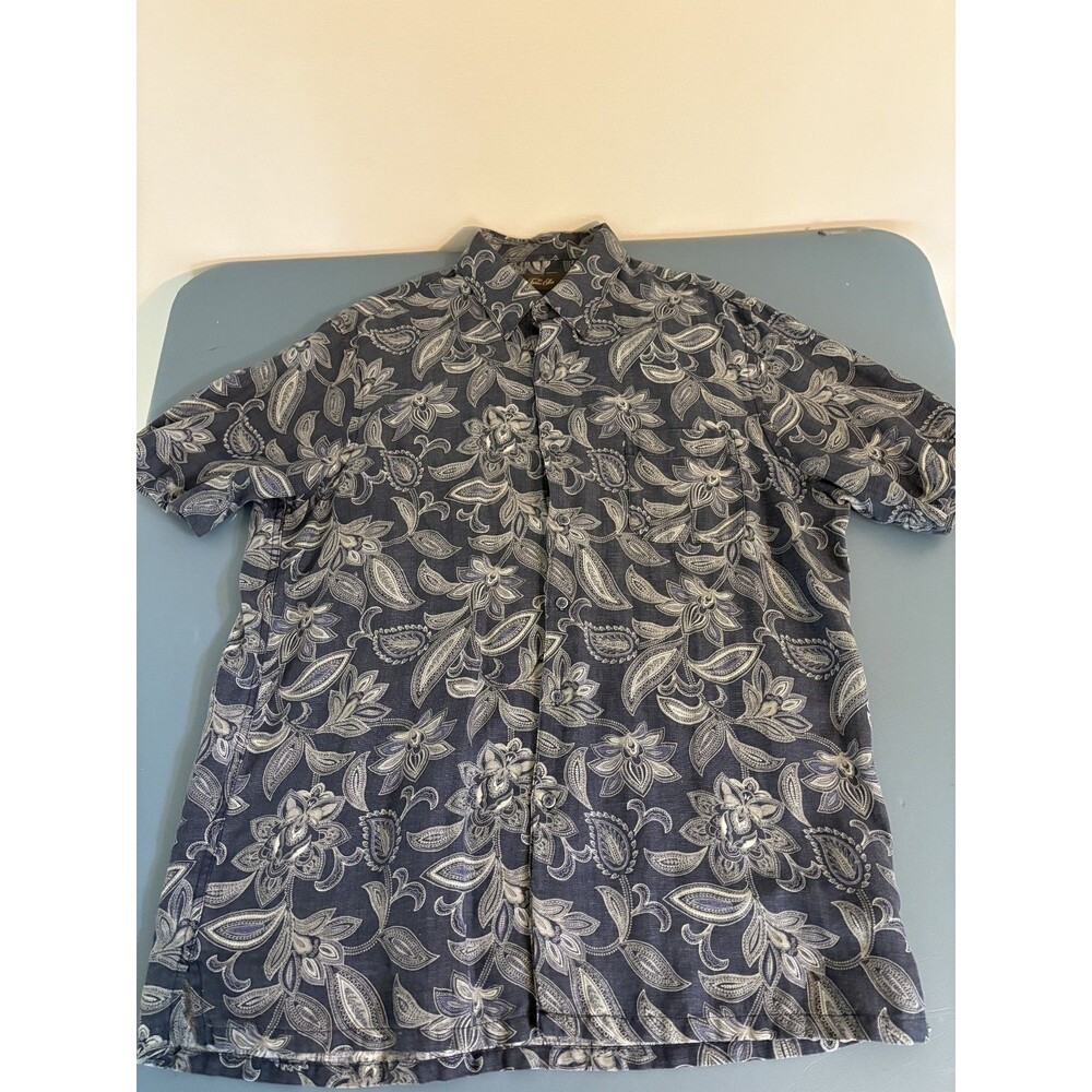 TASSO ELLA Blue Floral Silk/Linen Short Sleeve Casual  Shirt  Large